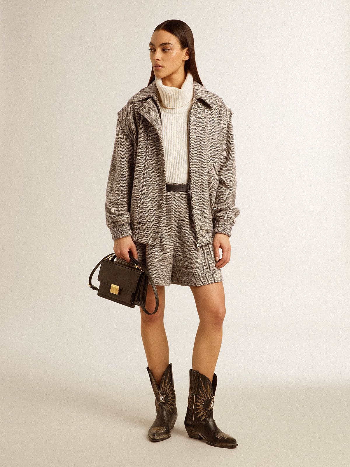 Golden Goose Women's bomber jacket in ecru brown herringbone wool