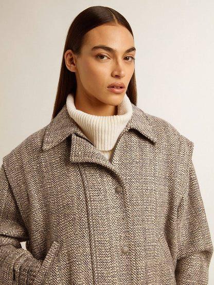 Golden Goose Women's bomber jacket in ecru brown herringbone wool