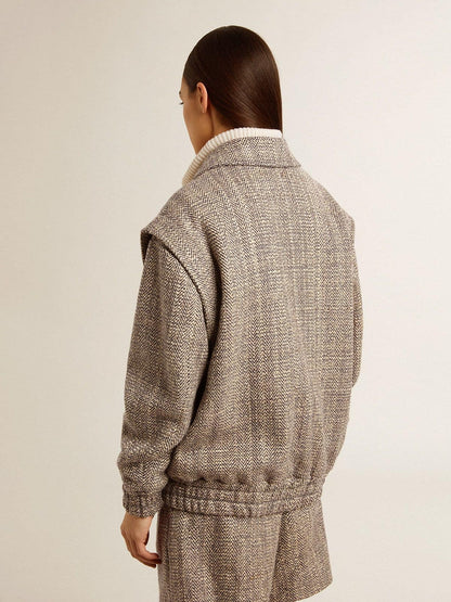 Golden Goose Women's bomber jacket in ecru brown herringbone wool