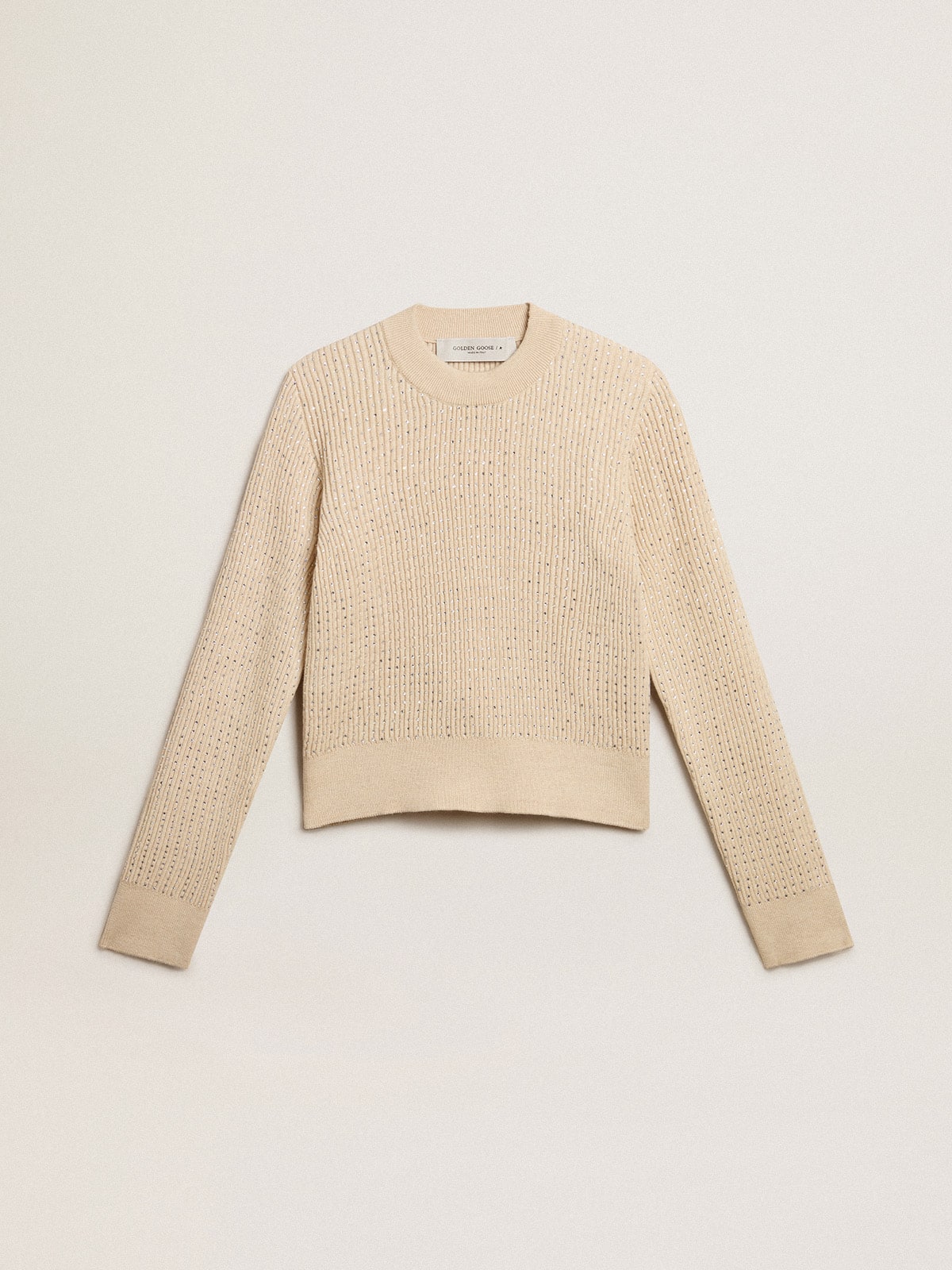 Golden Goose Cropped round-neck sweater in beige wool with all-over crystals