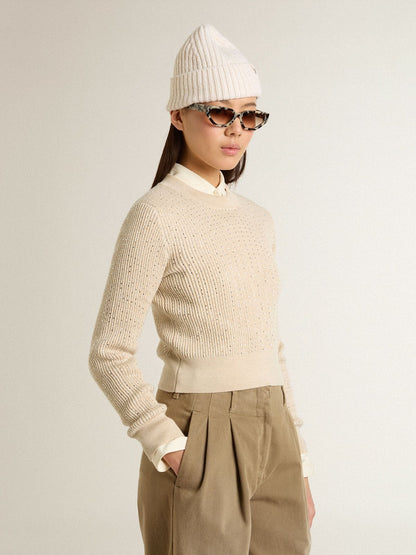 Golden Goose Cropped round-neck sweater in beige wool with all-over crystals