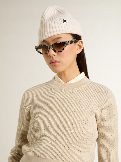 Golden Goose Cropped round-neck sweater in beige wool with all-over crystals