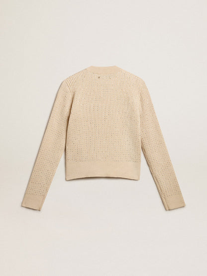 Golden Goose Cropped round-neck sweater in beige wool with all-over crystals