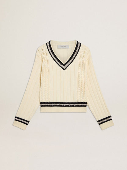 Golden Goose Women's cable-pattern cropped sweater with blue ribbing and crystals