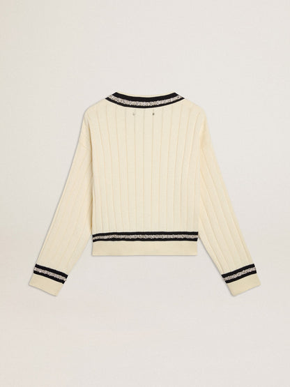 Golden Goose Women's cable-pattern cropped sweater with blue ribbing and crystals