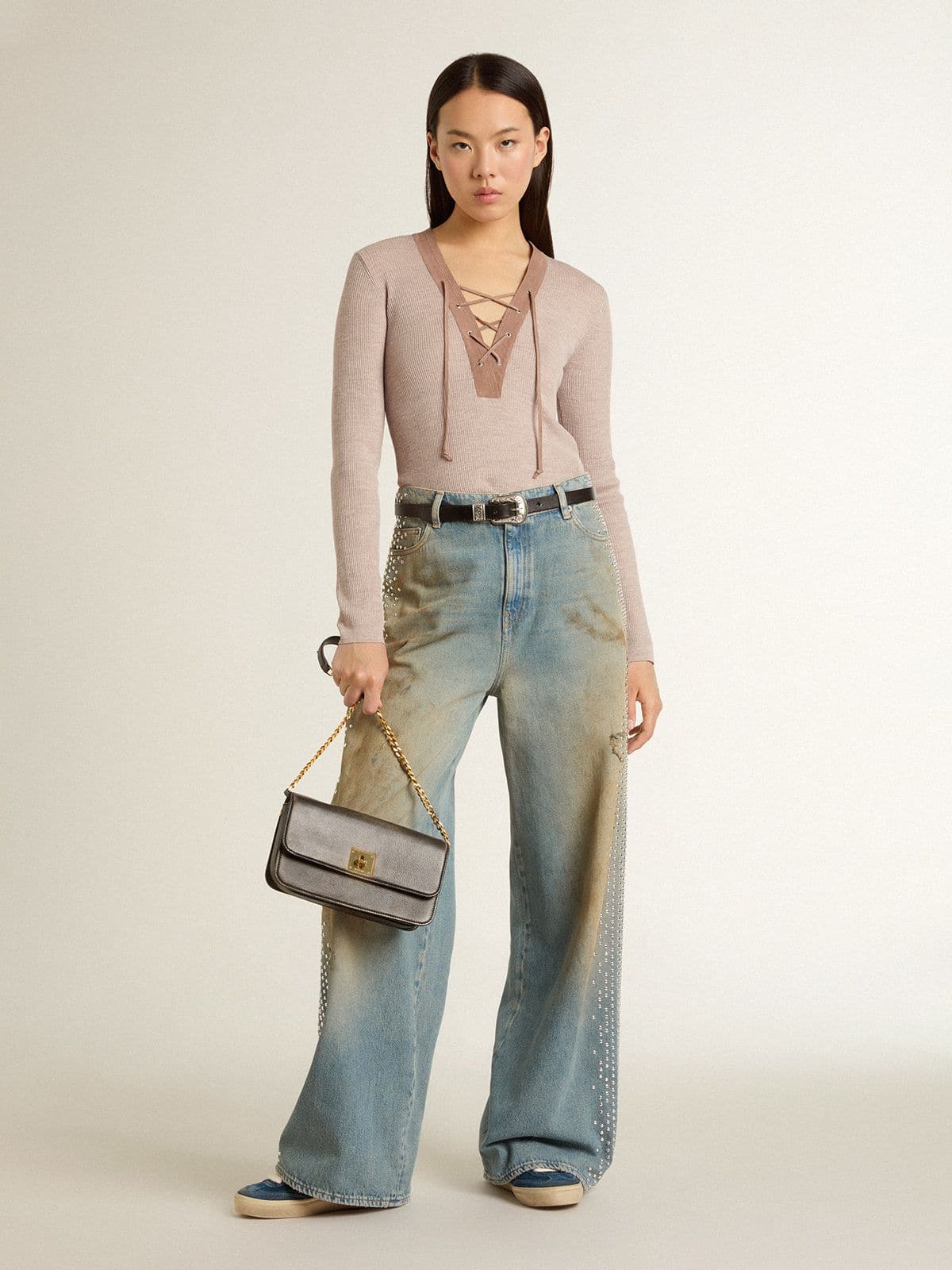 Golden Goose Beige wool sweater with leather details