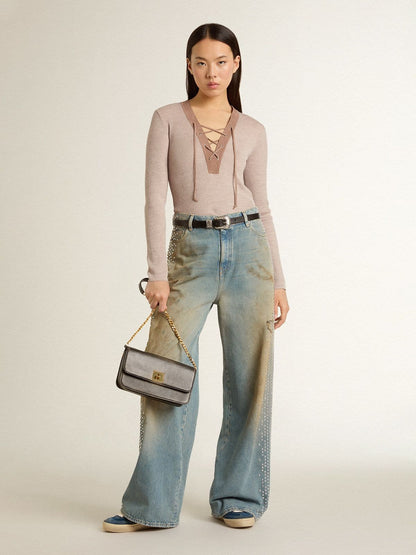 Golden Goose Beige wool sweater with leather details