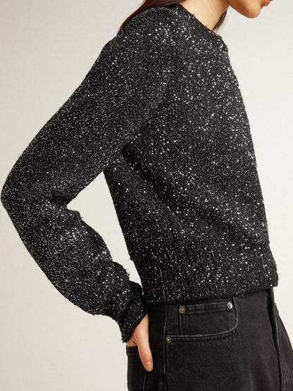 Golden Goose Women's black wool blend cropped sweater with all-over sequins