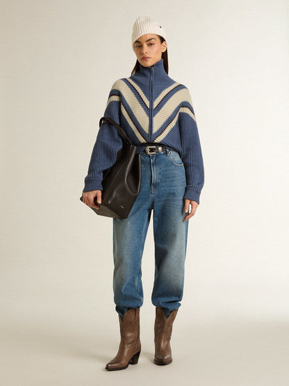 Golden Goose Women's light blue jacquard wool sweater with cream-colored pattern