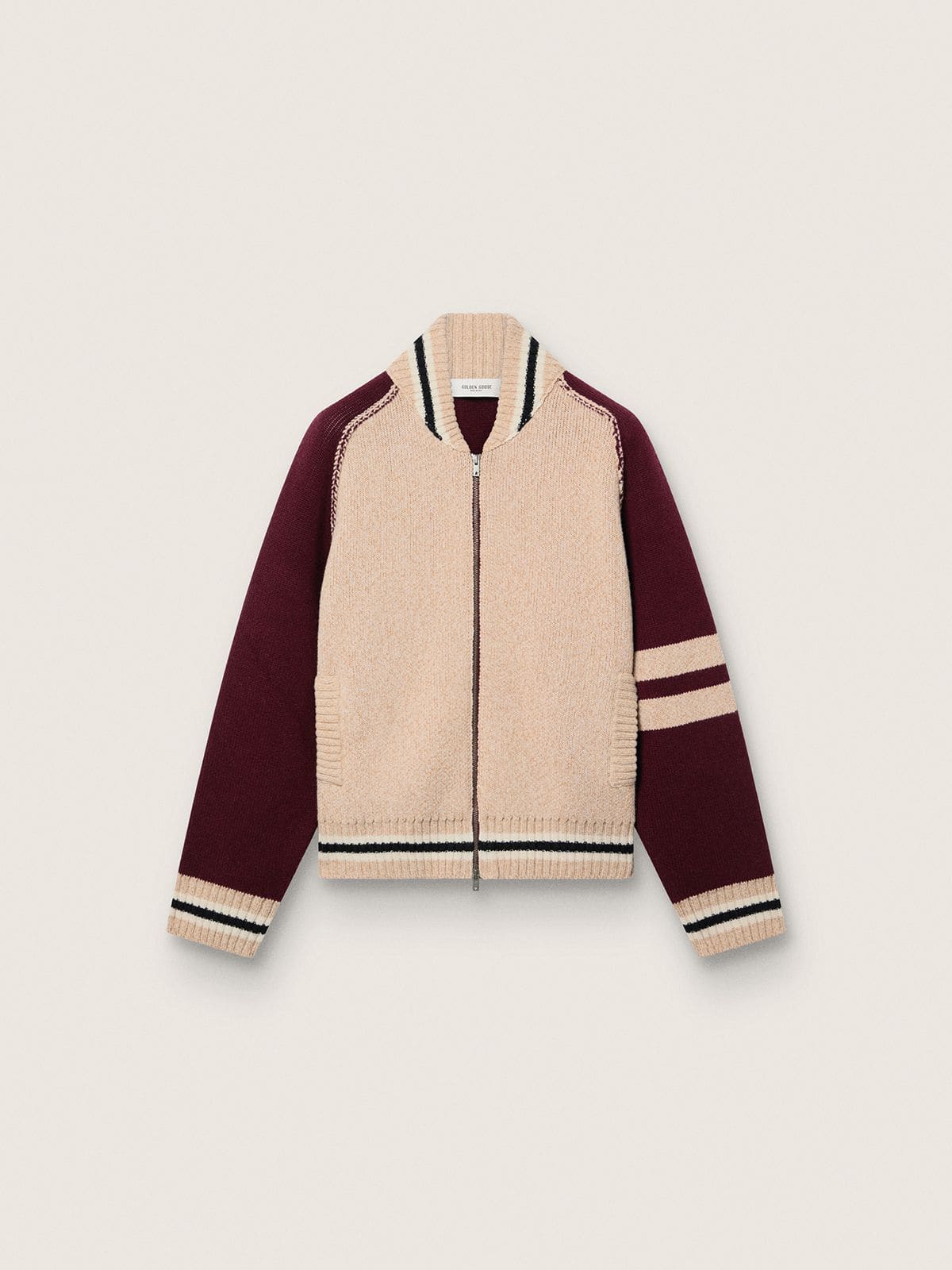 Golden Goose Unisex bomber jacket in white and burgundy jacquard knit