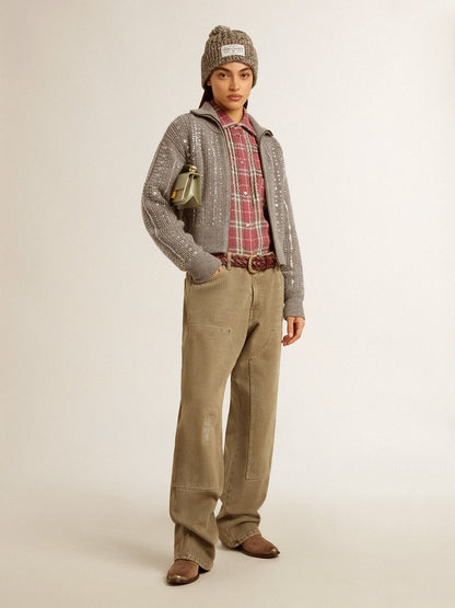 Golden Goose Women's cropped sweater in gray melange wool with sequins