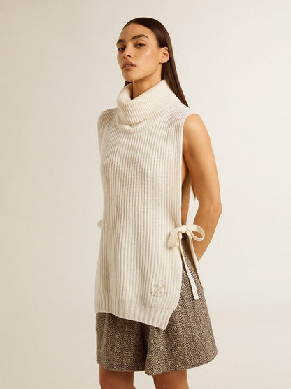 Golden Goose Unisex white high-neck sleeveless sweater in ribbed wool