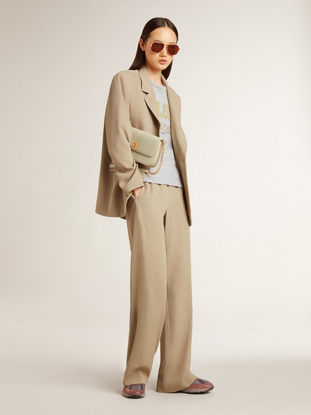Golden Goose Women's beige pinstripe single-breasted jacket with an oversized fit