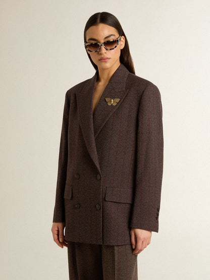 Golden Goose Women's double-breasted blazer in dark brown wool with thin stripe pattern