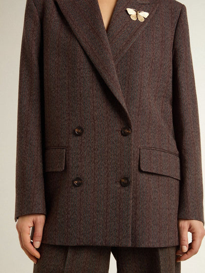 Golden Goose Women's double-breasted blazer in dark brown wool with thin stripe pattern