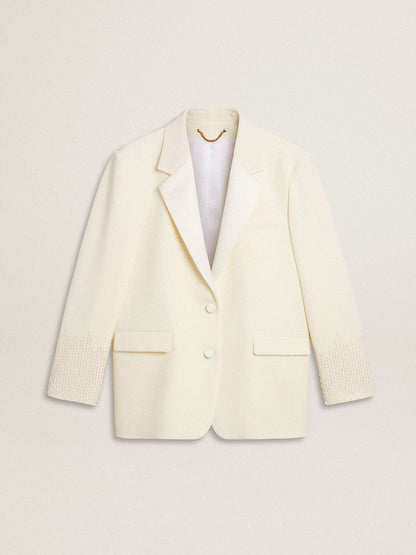 Golden Goose Single-breasted oversize jacket in white with silk effect and embroidery