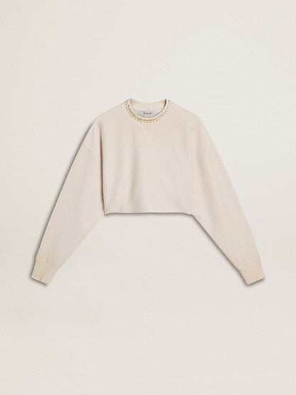 Golden Goose Women's cream cotton cropped sweatshirt with crystals on the front