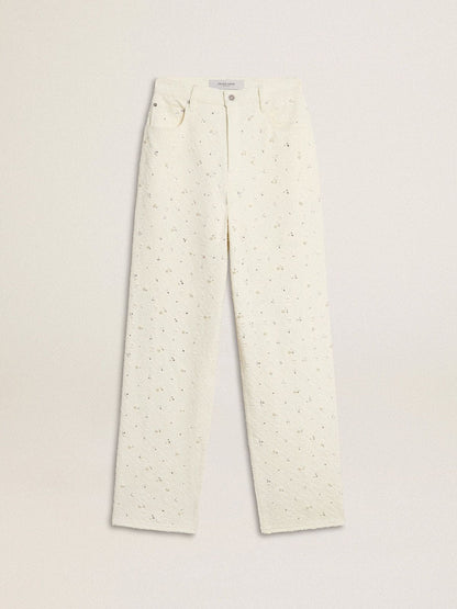 Golden Goose Women's white denim pants with beading and crystals