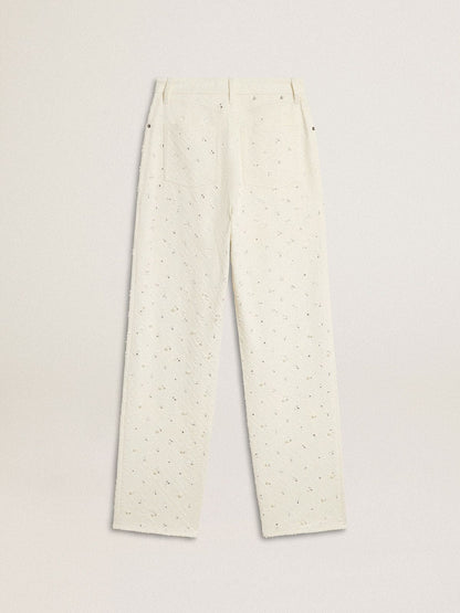 Golden Goose Women's white denim pants with beading and crystals