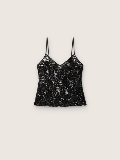 Golden Goose Women's top in black tulle with floral pattern in black sequins