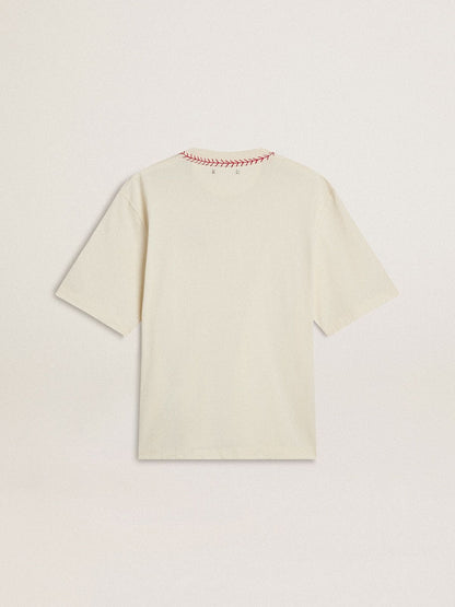 Golden Goose CNY worn-white sleeveless T-shirt with red embroidery