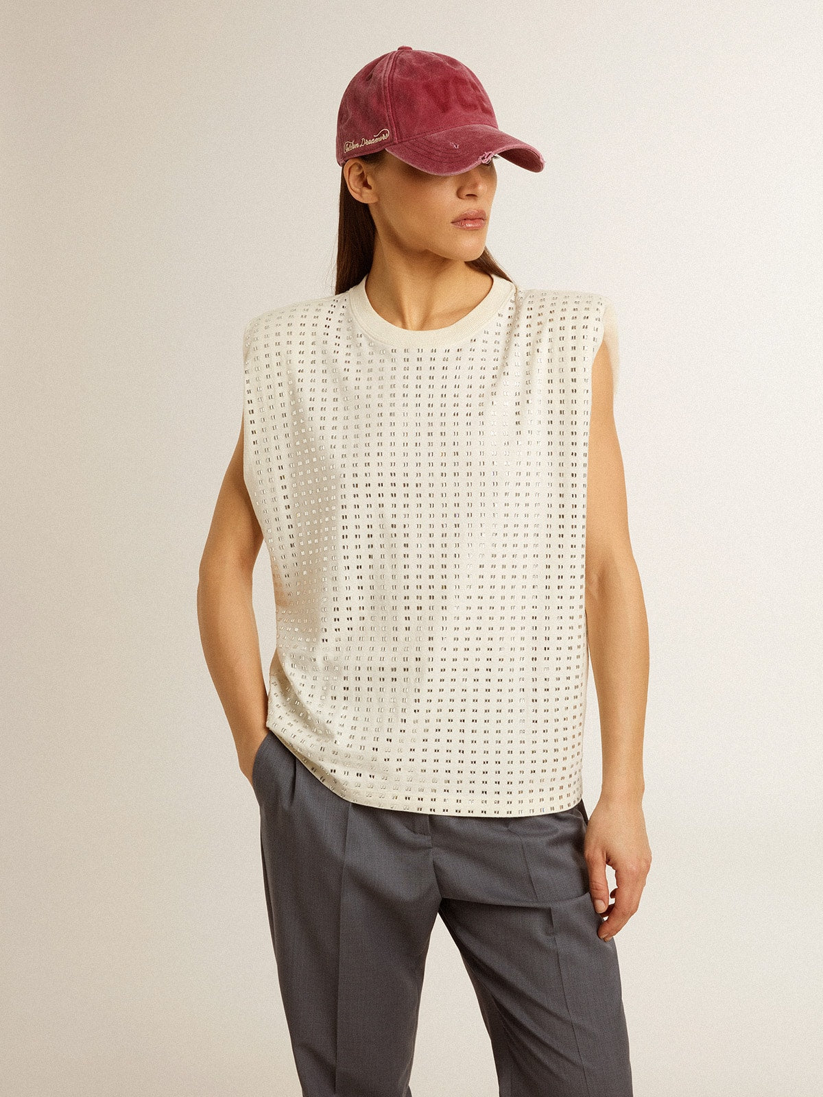 Golden Goose Aged white sleeveless T-shirt embellished with crystals