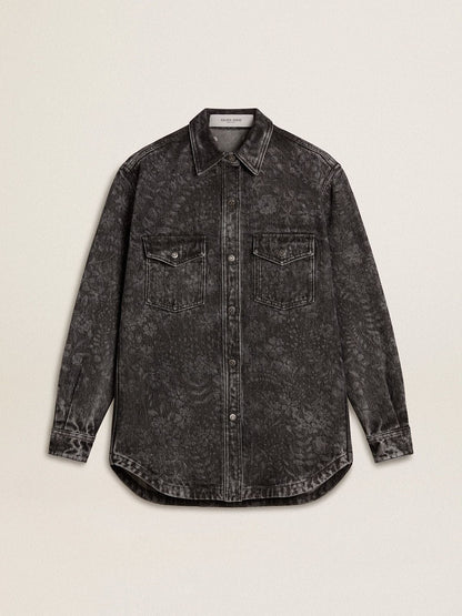 Golden Goose Women's black denim shirt with ton sur ton floral pattern