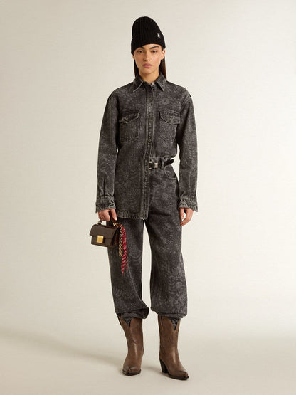 Golden Goose Women's black denim shirt with ton sur ton floral pattern