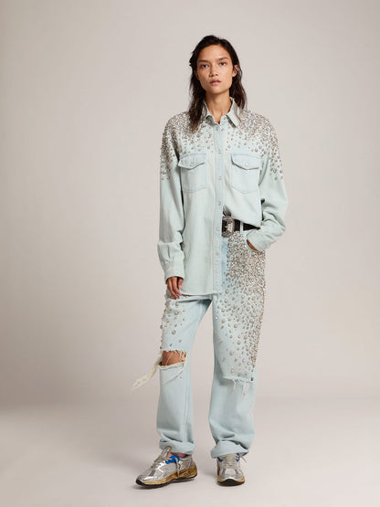 Golden Goose Women's bleached boyfriend shirt with cabochon crystals