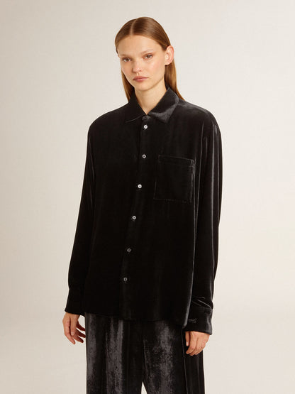 Golden Goose Velvet-effect black shirt with embroidery