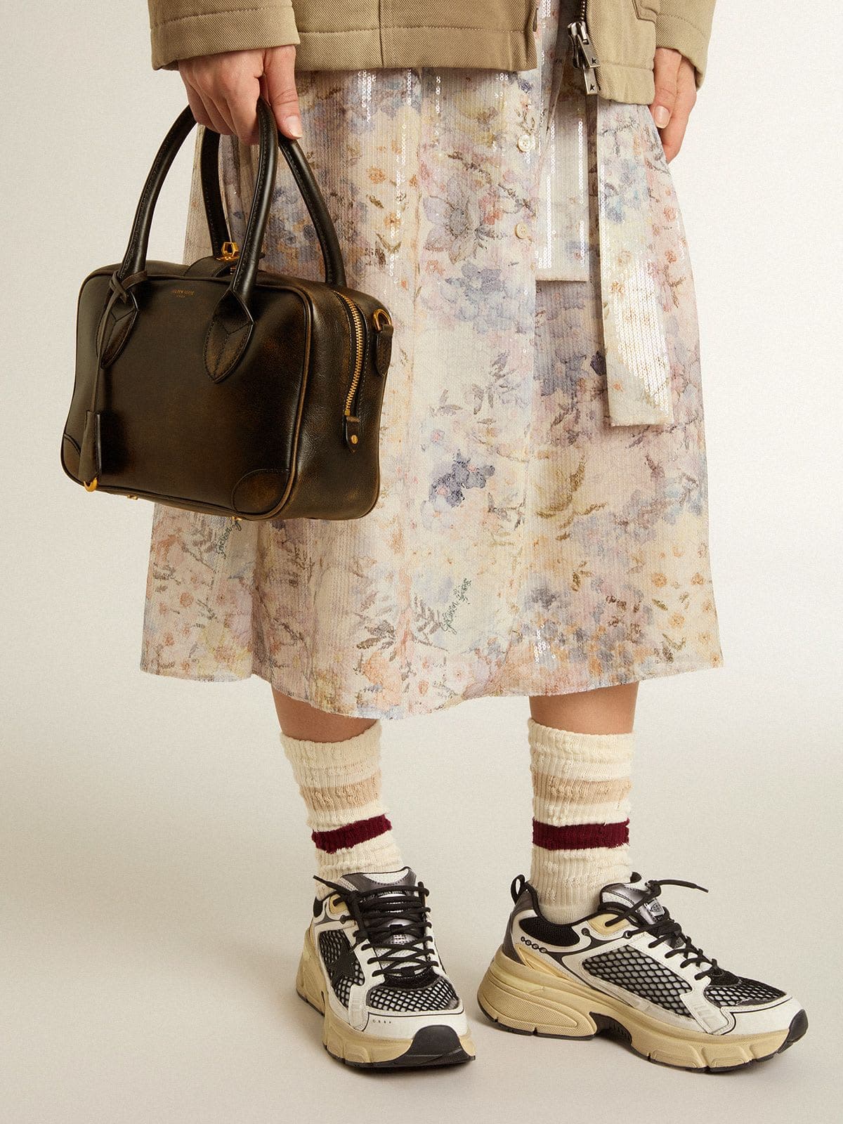 Golden Goose Vita Bag in black distressed leather with gold details