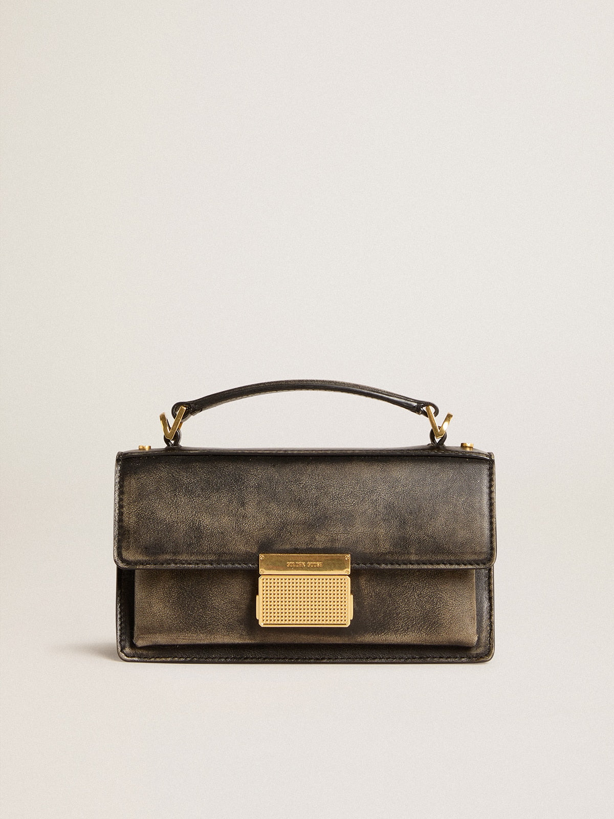 Golden Goose Small Venezia Bag in black distressed leather with gold details