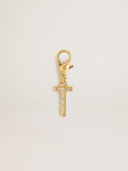 Golden Goose Letter T charm in gold-colored brass with crystals