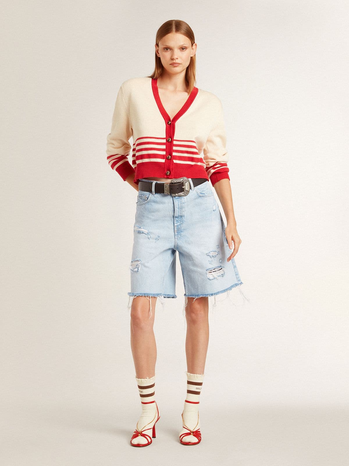 Golden Goose Worn-white socks with distressed details and brown stripes