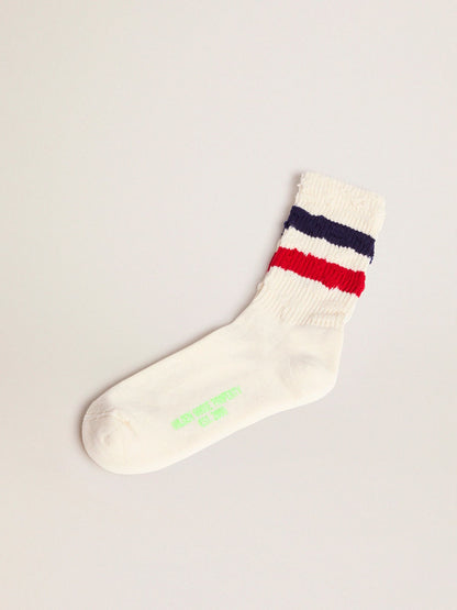 Golden Goose Vintage white socks with distressed details and two-tone stripes