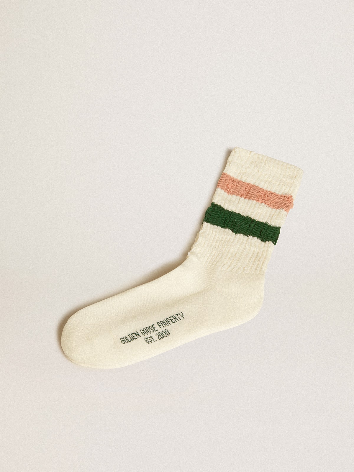 Golden Goose Worn-white socks with distressed details and pink and green stripes