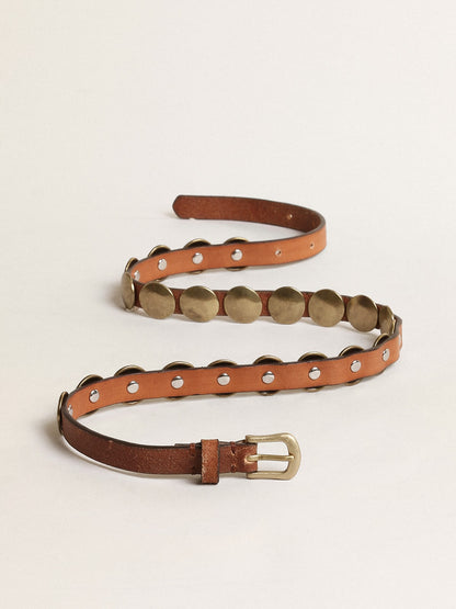 Golden Goose Trinidad belt in aged tan-colored leather with golden maxi studs