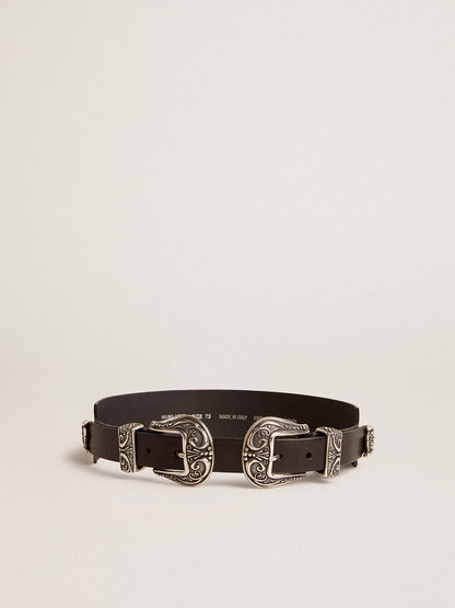 Golden Goose Black belt in washed leather with silver-colored double buckle