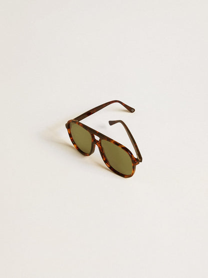 Golden Goose Aviator style sunglasses with tortoiseshell frame and green lenses