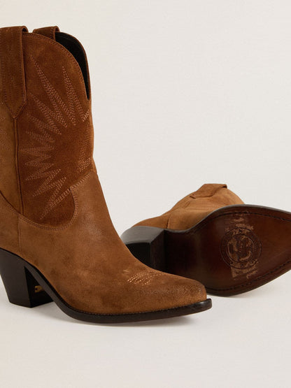 Golden Goose Low Wish Star boots in cognac suede with tone-on-tone embroidered star