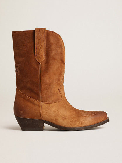 Golden Goose Low Wish Star boots in cognac-colored suede with inlay star