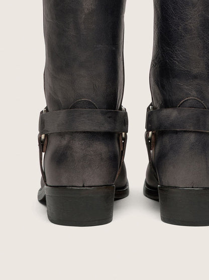 Golden Goose Women's high Biker boots in black leather with strap and silver-colored buckle