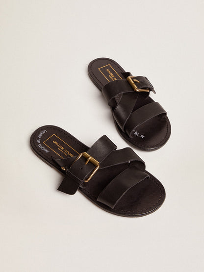 Golden Goose Black leather flat sandals with buckle Margaret | Golden Goose