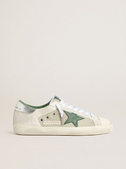 Golden Goose Men’s Super-Star LTD in white suede and mesh with green leather star and silver heel tab