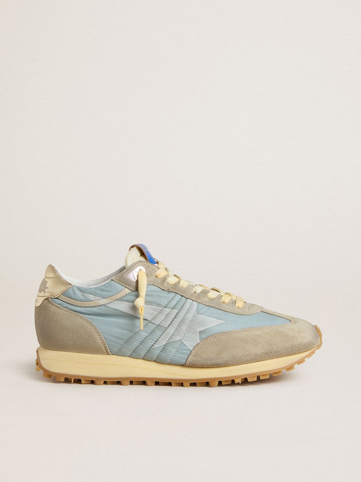Golden Goose Men’s Marathon with light blue nylon upper and pastel blue star