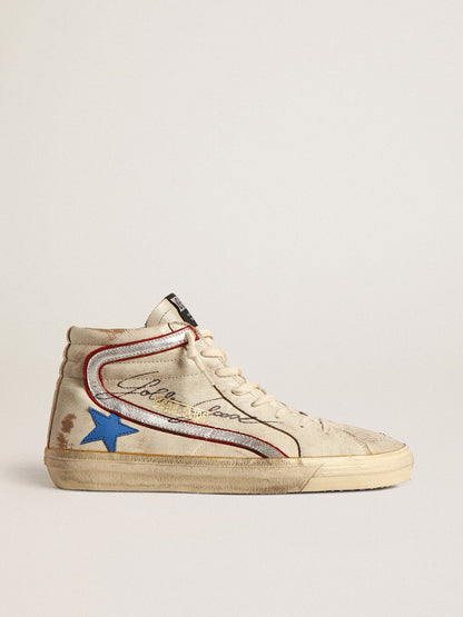 Golden Goose Men’s Slide with light blue leather star and metallic silver leather flash