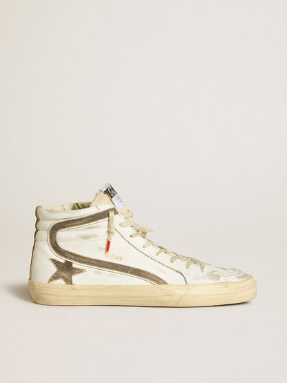 Golden Goose Men’s Slide LAB in white leather with star and flash in brown suede