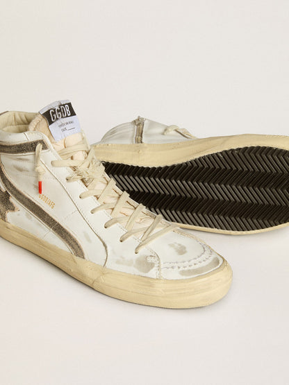 Golden Goose Men’s Slide LAB in white leather with star and flash in brown suede