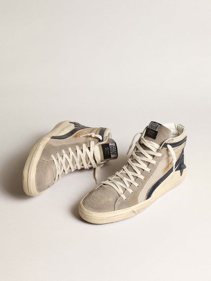 Golden Goose Slide in beige mesh and nylon with blue leather star and flash