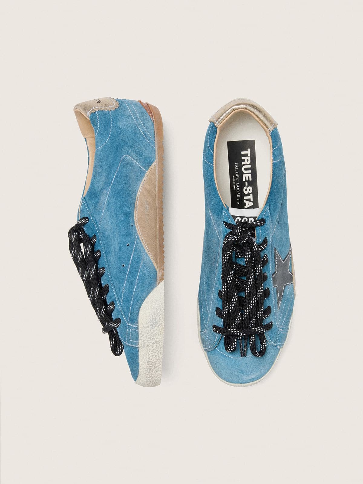 Golden Goose Men's True-Star in teal suede with black star and cream heel tab